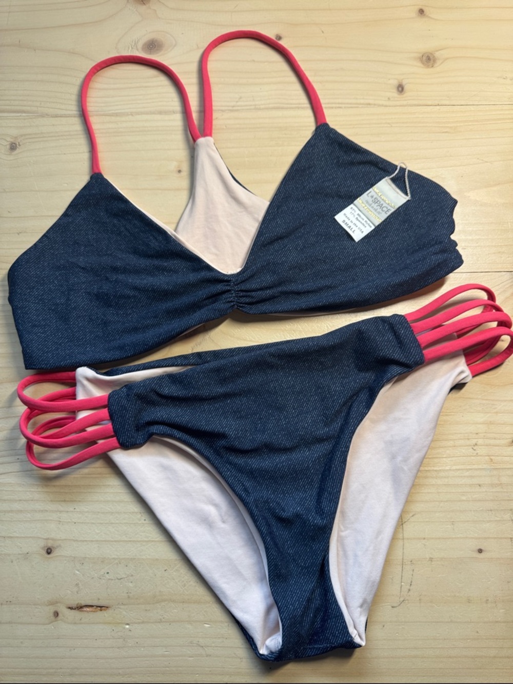 L’Space Bikini Top & Bottom Pair - Denim Blue & Pink with Hot Pink Straps (S)